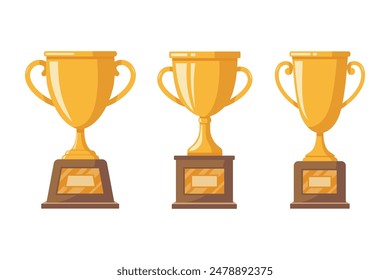 Three gold trophies on a white background. trophy for the championship winner