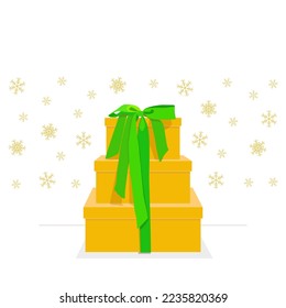 Three gold-colored gift boxes of different sizes, standing on top of each other and tied with large green bow. Side view. Vector illustration on white isolated background with golden snowflakes.