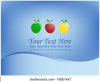 Three golden apples, green and red colors are located on an blue background