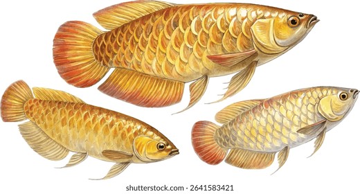 Three golden arowana fish in different sizes, painted in watercolor style. Perfect for aquarium or pet-related projects.