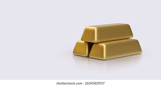 Three Golden Bullion Bars in Pyramid Stack on Light Background. Suitable for Investment, Wealth, Finance, and Luxury Concepts. Glossy and Realistic Vector Illustration with Clean Composition.