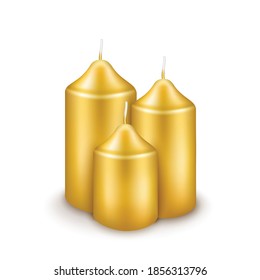 three Golden burning candles isolation on white