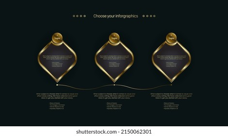 Three golden Business buttons charts with 3 Timelines Chart Infographics design on dark background, vector, illustration