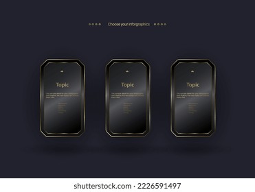 Three Golden buttons vector for work plans and options design, dark and premium steps elements illustration.