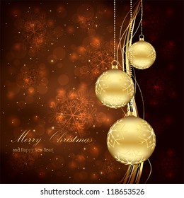 Three golden Christmas balls on brown background, illustration.