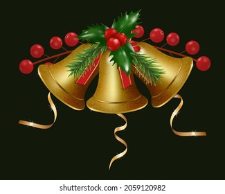 Three golden Christmas bells with holly berries and gold ribbons on a black background. Happy New Year decoration. Vector illustration.