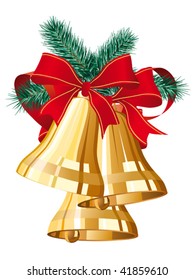 three golden christmas bells with red bow