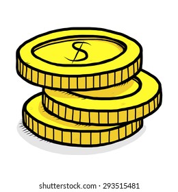 three golden coins / cartoon vector and illustration, hand drawn style, isolated on white background.