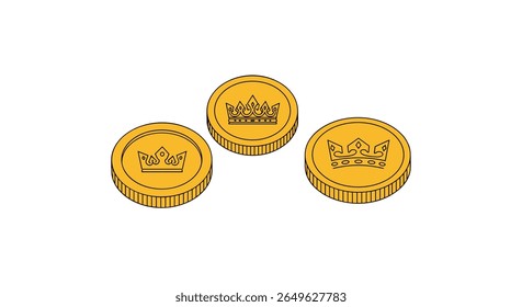 Três moedas de ouro exibindo coroas reais mostrando riqueza e prosperidade em uma ilustração de desenho animado simples