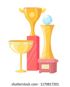 Three golden cups isolated on white background vector illustration of glisten trophies, different stands with nameplate, awards with sphere and wings