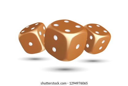 
Three golden dices with white dots on a white background. Casino game. Vector.