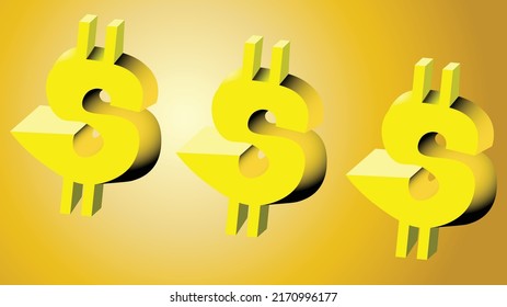 Three golden dollar signs 3D vector illustration. Seamless financial icons on yellow background, concept of wealth, money growth, investment, banking and successful business.