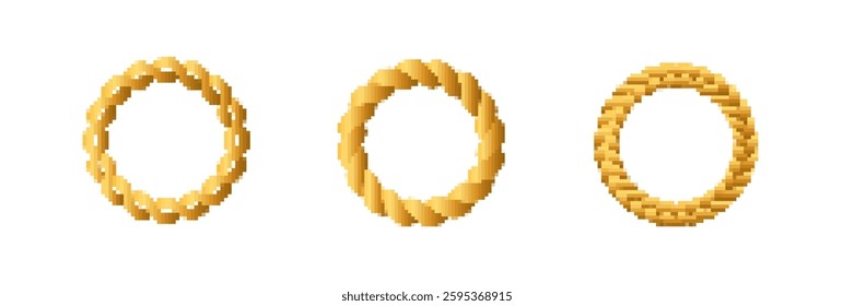 Three golden doughnut shapes appear with distinct textures, showcasing unique designs in a row.