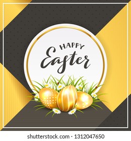Three golden Easter eggs in grass with flowers. Round card and lettering Happy Easter on gold and black background, illustration.