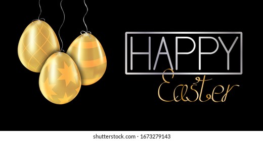 Three golden easter eggs hanging on ropes. Easter concept. Vector drawing, poster, banner of eggs and text on a black background.