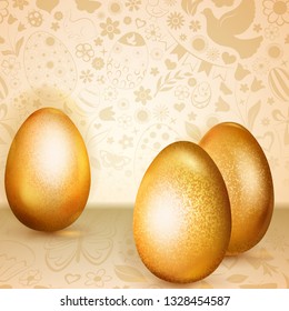 Three golden Easter eggs standing on background of flowers, cakes, hare, chicken and other holiday symbols