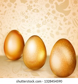 Three golden Easter eggs standing on background of flowers, cakes, hare, chicken and other holiday symbols