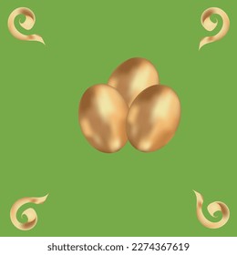 Three golden eggs on green background. Vector illustration.