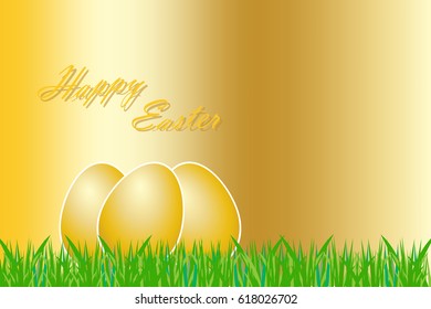 Three golden eggs with white borders  are lying on the grass. All is on the gold background.