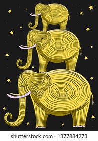 Three golden elephants that stand on each other surrounded by stars. Elephants with tusks and a twisted trunk. The pyramid of elephants.
