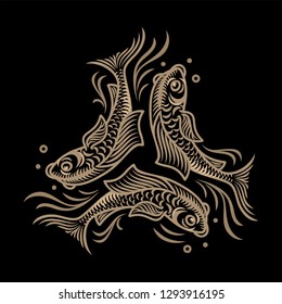 Three Golden fish on a black background, Koi Fish, Carp, illustration, vector