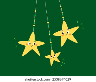 Three golden five-pointed Christmas stars with eyes, smiling mouth hanging on ribbon with beads, swinging, dancing, shining, sparkling on green background. Cute vector illustration of happy family.