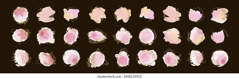 Three golden frames decorated with watercolor floral elements. Watercolor invitation design with leaves. Gold geometric frame and watercolor brush strokes