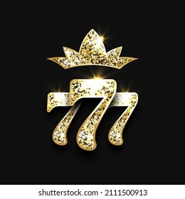 Three golden glittering sevens and big crown on black background. Luxury casino banner Big win slots 777 . Vector illustration