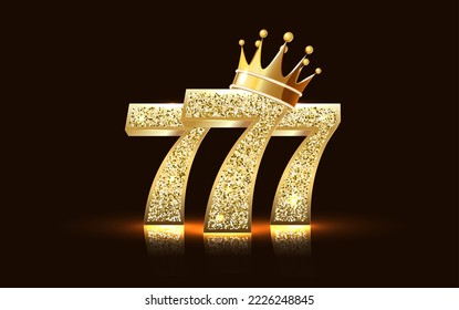 Three golden glittering sevens on black background. Luxury casino banner Big win slots 777 . Vector illustration