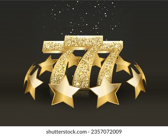 Three golden glittering sevens on black background. Luxury casino banner Big win slots 777 . Vector illustration