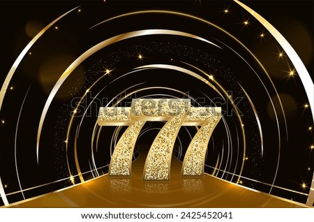 Three golden glittering sevens on black background. Luxury casino banner Big win slots 777 . Vector illustration