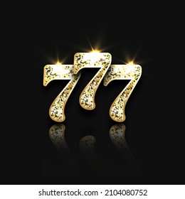 Three golden glittering sevens with reflection on black background. Luxury casino banner Big win slots 777 . Vector illustration