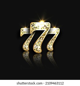 Tres brillantes siete dorados con reflexión sobre el fondo negro. Banner de casino de lujo Big win slot 777 . Ilustración del vector