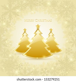 Three golden and glossy Christmas trees placed on frosty winter background