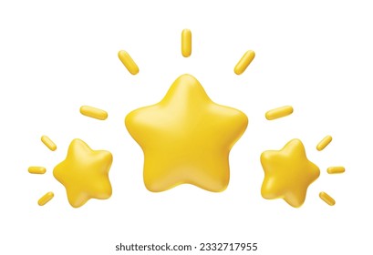 Three golden glossy stars with sparkles 3d realistic style rendering. Leadership, game award, customer feedback symbol vector illustration isolated on white background