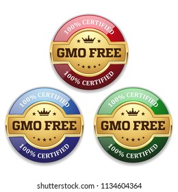 Three golden gmo free badges on white background
