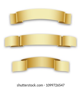 Three golden Holiday Ribbons for Birthday, Christmas, isolated on white background. Vector illustration.