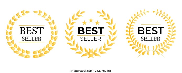 Tres diseños de corona de laurel de oro con las palabras Best Seller en el centro Ideal para promociones de productos, premios, certificaciones, reconocimientos de logros y materiales de marketing Diseño moderno simple