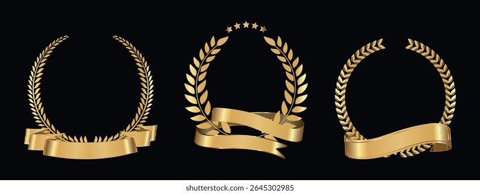 three golden laurel wreaths with decorative ribbons, which are symbols of victory, honor, fame and prestige.