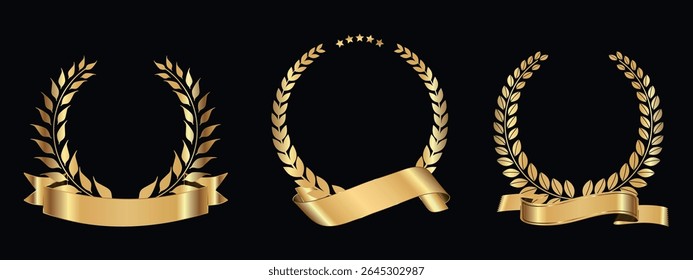 three golden laurel wreaths with decorative ribbons, which are symbols of victory, honor, fame and prestige.