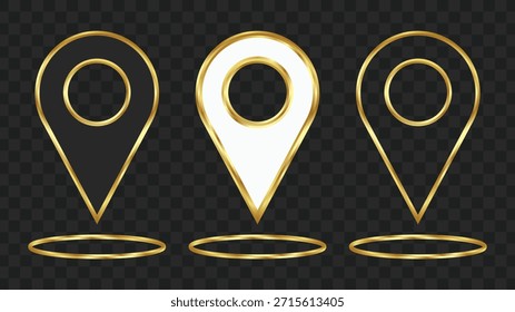 Three golden map pin icons, one black, one white, and one outlined, are displayed against a dark checkered background.