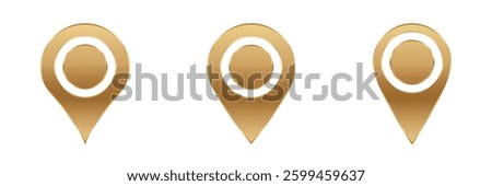 Three golden map pointer icons are aligned horizontally, each featuring a circular design element.