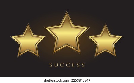 Three golden metallic stars on gradient brown background use as congrats banner, top level and the thgreatest winner prize concepts design.