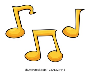 Three golden musical symbols in cartoon style: eighth note, beamed eighth note and quarter note.