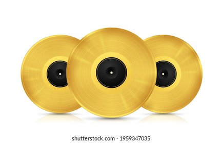 Three golden musical vinyl record. Vector image with reflection on white background