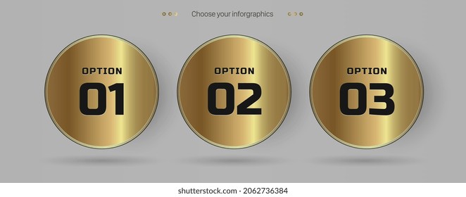 TRES OPCIONES DE Oro de infografía en los CÍRCULOS modernos del gráfico con panel de opciones de Oro sobre fondo oscuro, utilizados en objetos financieros y empresariales Diseño de plantillas.eps
