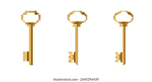 Três chaves de pixel dourado com um visual retro, mosaico, apresentando design clássico e charme pixelado.