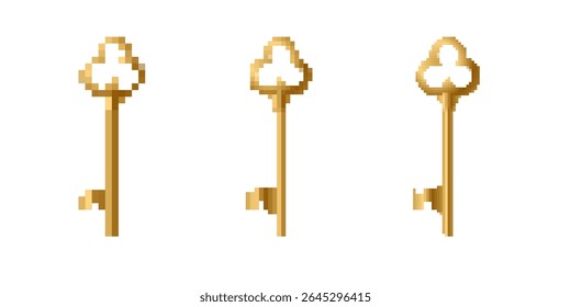 Three golden pixelated keys in a mosaic style. they evoke nostalgia and retro gaming imagery.