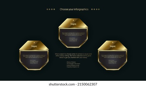 Three golden polygon shape buttons design and the premium options chart for levels template, the dark golden buttons on dark background design, vector, illustration