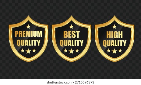 Tres emblemas de escudo dorado con fondos negros, cada uno significando calidad. El primero dice "PREMIUM QUALITY" con tres estrellas, el segundo "BEST QUALITY" con tres estrellas y el tercero "HIGH QUALITY" con tres estrellas.